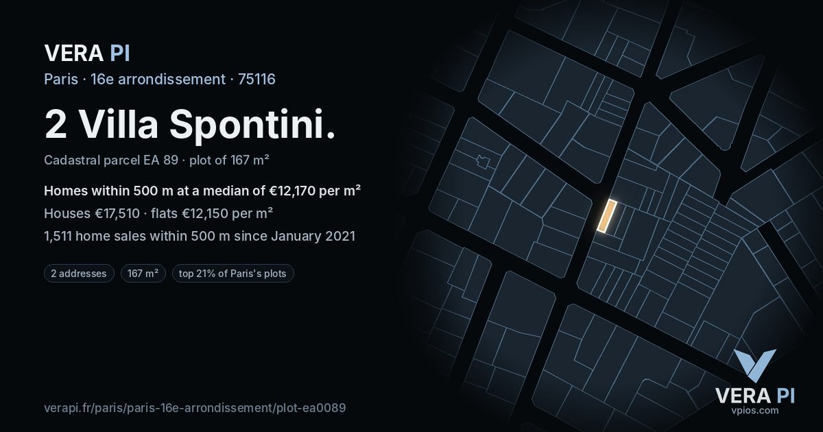 2 Villa Spontini, 16e arrondissement at night – the plot lit, the parcels around coloured by the prices near them