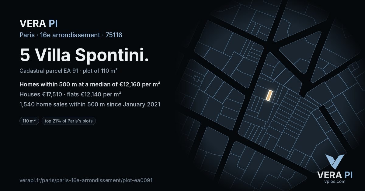 5 Villa Spontini, 16e arrondissement at night – the plot lit, the parcels around coloured by the prices near them