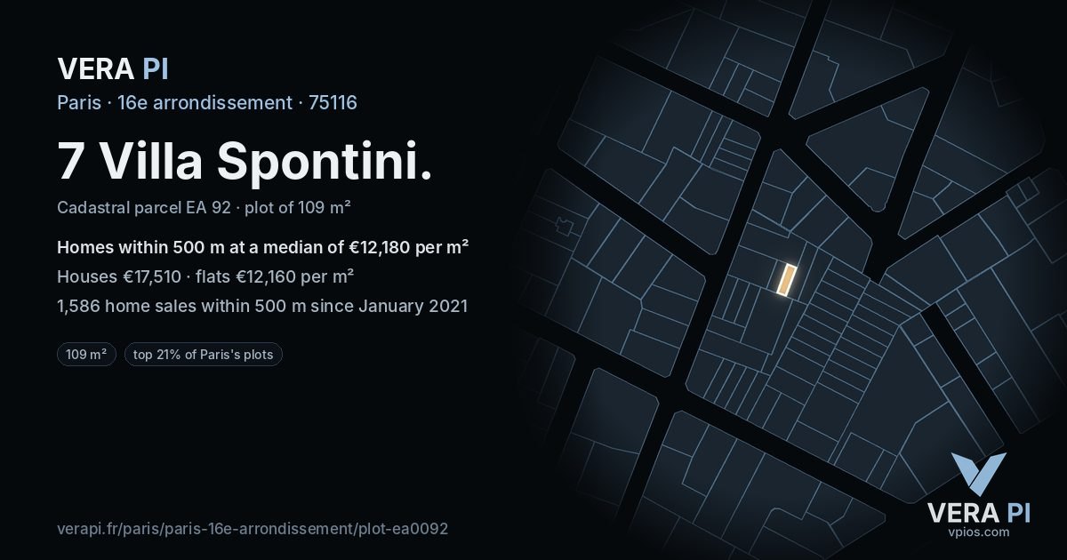 7 Villa Spontini, 16e arrondissement at night – the plot lit, the parcels around coloured by the prices near them