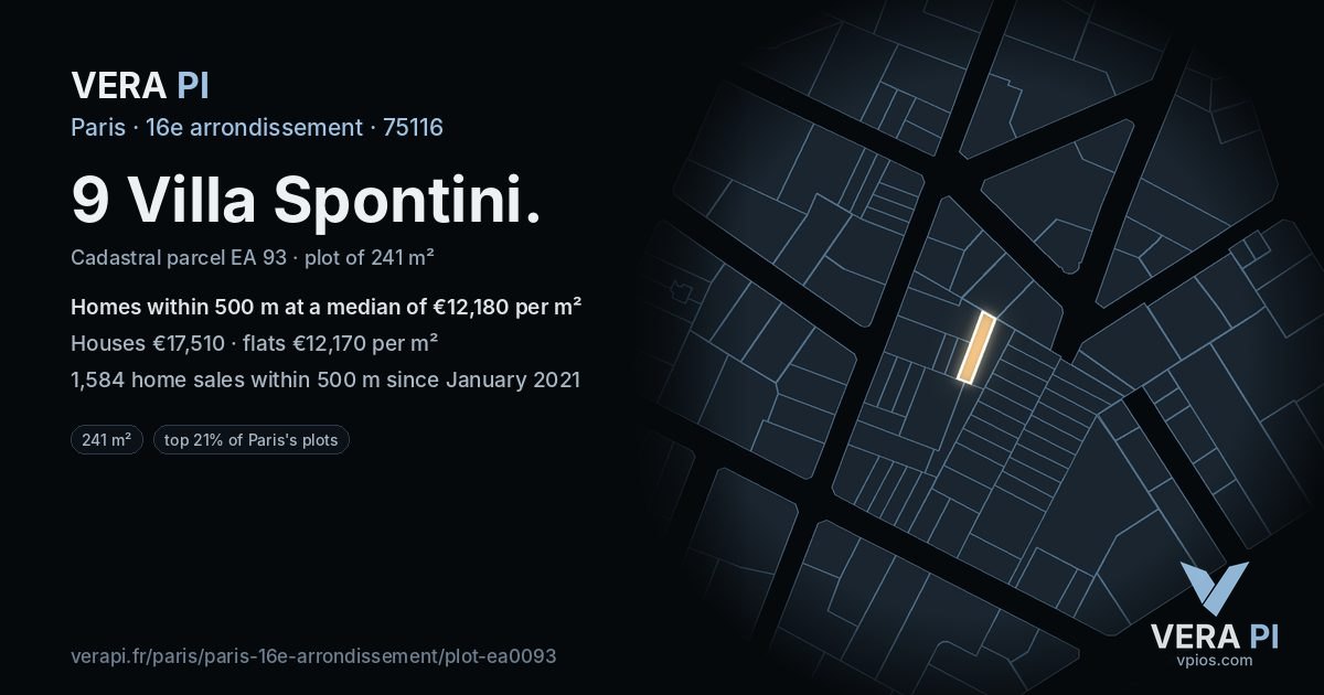 9 Villa Spontini, 16e arrondissement at night – the plot lit, the parcels around coloured by the prices near them
