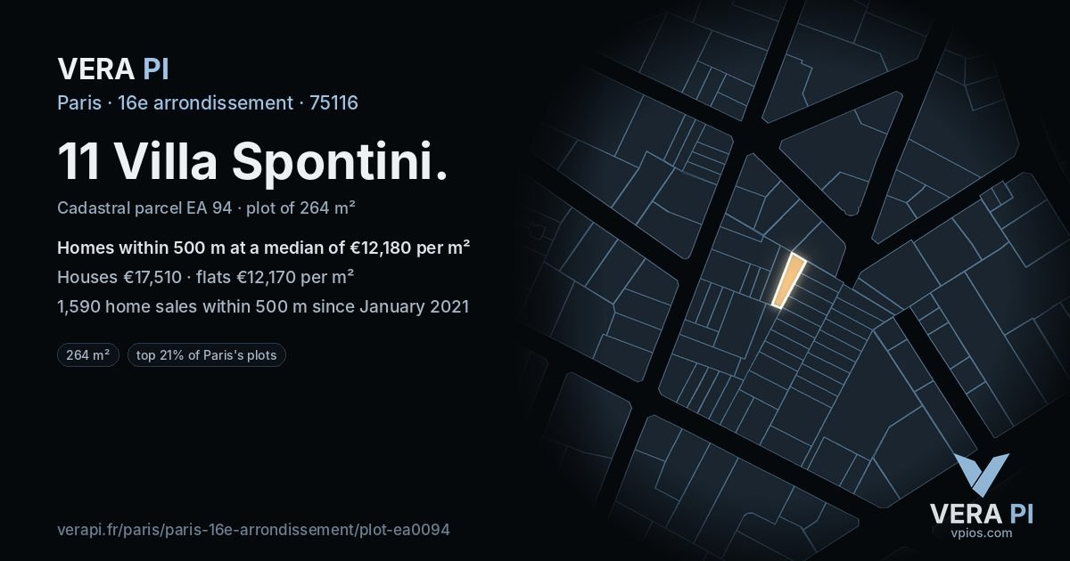 11 Villa Spontini, 16e arrondissement at night – the plot lit, the parcels around coloured by the prices near them