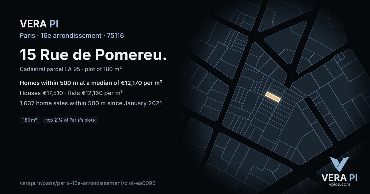 15 Rue de Pomereu, 16e arrondissement at night – the plot lit, the parcels around coloured by the prices near them