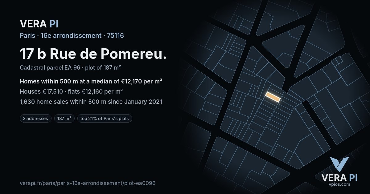 17 b Rue de Pomereu, 16e arrondissement at night – the plot lit, the parcels around coloured by the prices near them