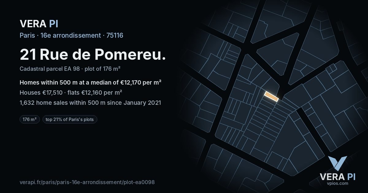 21 Rue de Pomereu, 16e arrondissement at night – the plot lit, the parcels around coloured by the prices near them