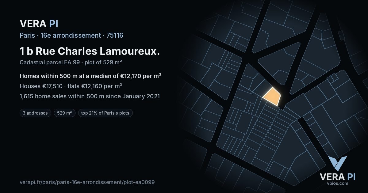1 b Rue Charles Lamoureux, 16e arrondissement at night – the plot lit, the parcels around coloured by the prices near them