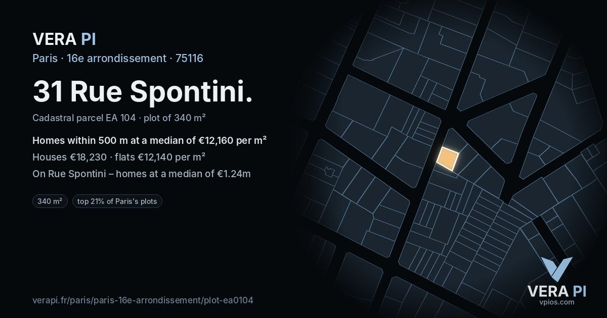 31 Rue Spontini, 16e arrondissement at night – the plot lit, the parcels around coloured by the prices near them