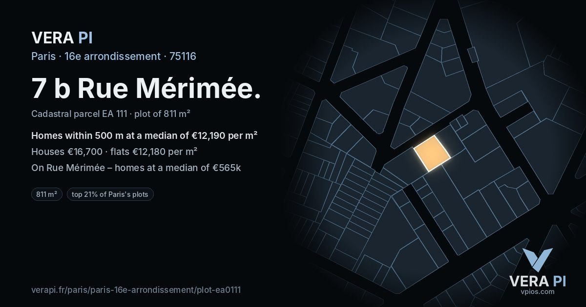 7 b Rue Mérimée, 16e arrondissement at night – the plot lit, the parcels around coloured by the prices near them