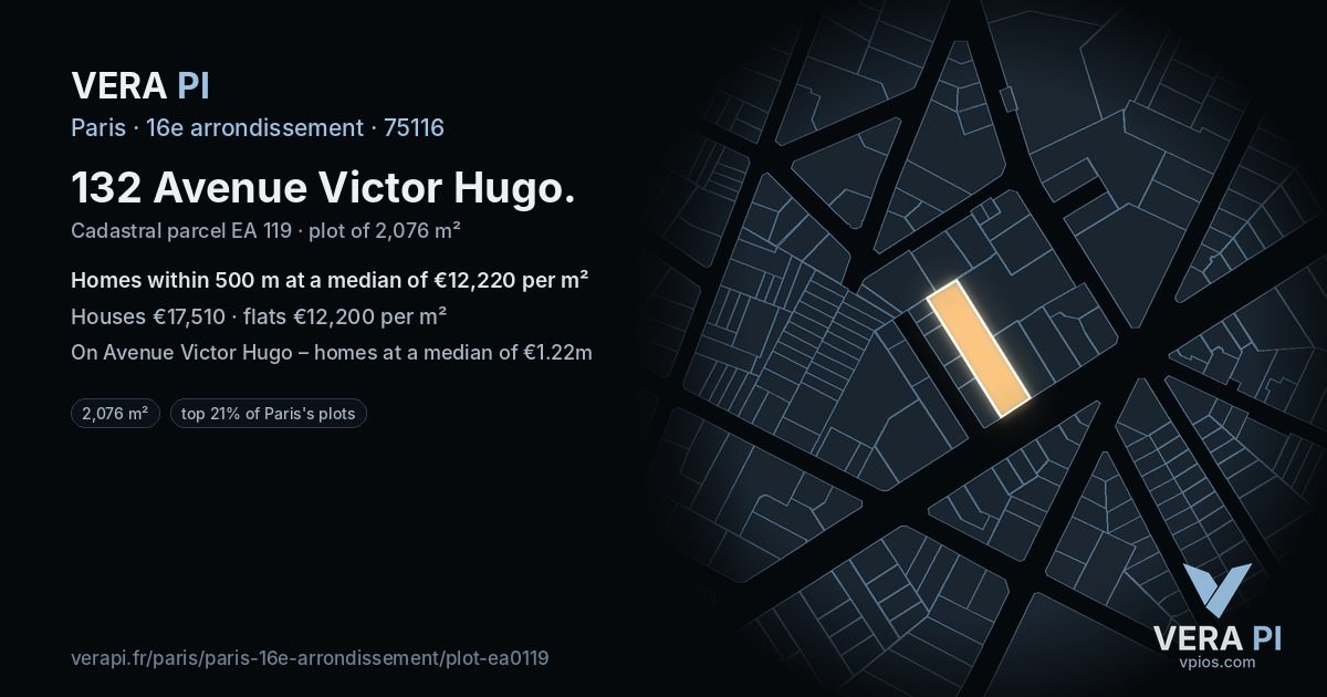 132 Avenue Victor Hugo, 16e arrondissement at night – the plot lit, the parcels around coloured by the prices near them