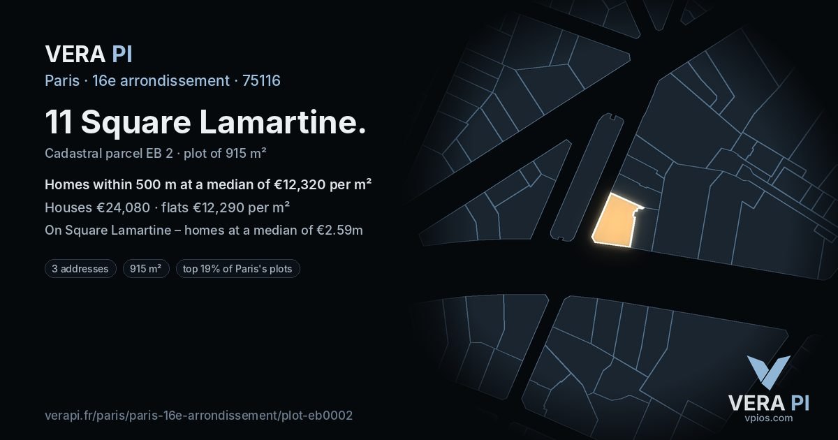 11 Square Lamartine, 16e arrondissement at night – the plot lit, the parcels around coloured by the prices near them
