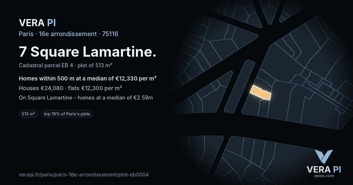 7 Square Lamartine, 16e arrondissement at night – the plot lit, the parcels around coloured by the prices near them