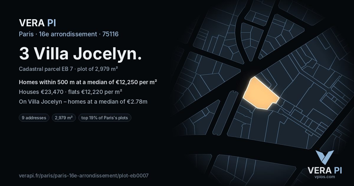 3 Villa Jocelyn, 16e arrondissement at night – the plot lit, the parcels around coloured by the prices near them