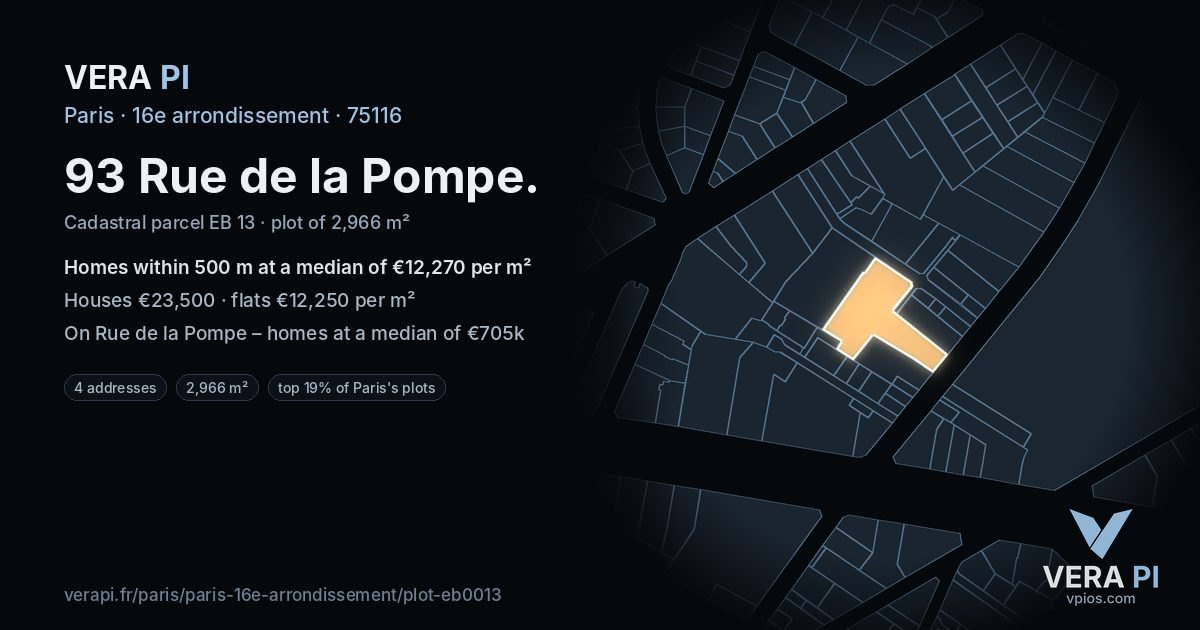 93 Rue de la Pompe, 16e arrondissement at night – the plot lit, the parcels around coloured by the prices near them