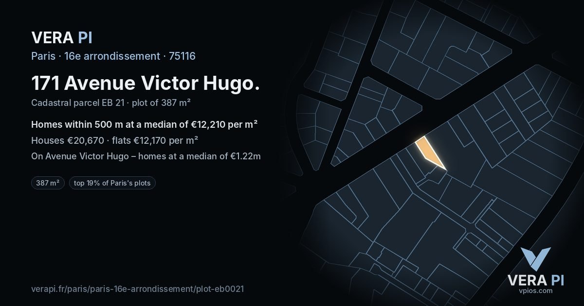 171 Avenue Victor Hugo, 16e arrondissement at night – the plot lit, the parcels around coloured by the prices near them