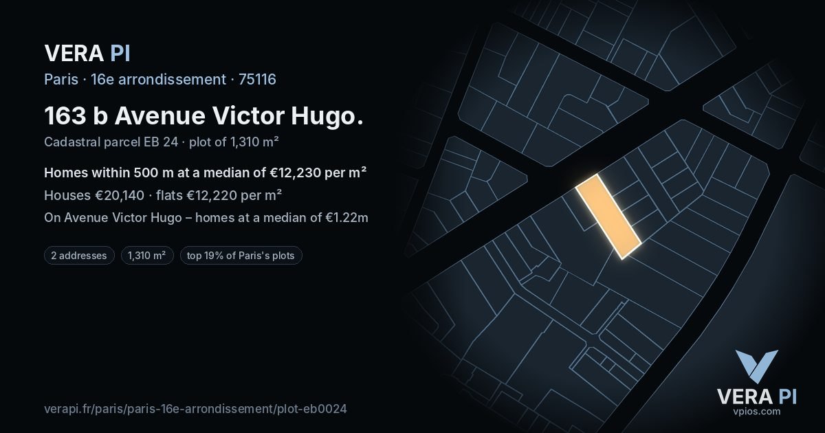 163 b Avenue Victor Hugo, 16e arrondissement at night – the plot lit, the parcels around coloured by the prices near them
