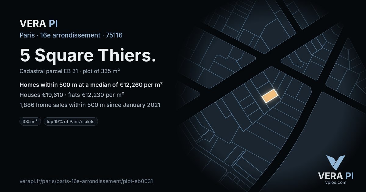 5 Square Thiers, 16e arrondissement at night – the plot lit, the parcels around coloured by the prices near them