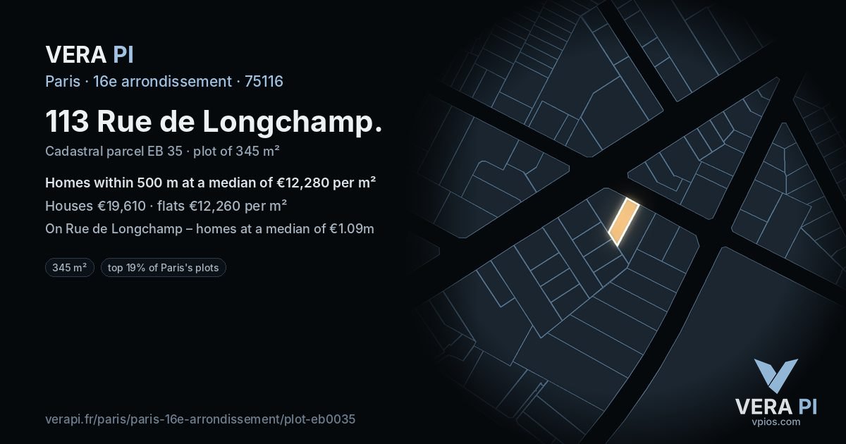 113 Rue de Longchamp, 16e arrondissement at night – the plot lit, the parcels around coloured by the prices near them