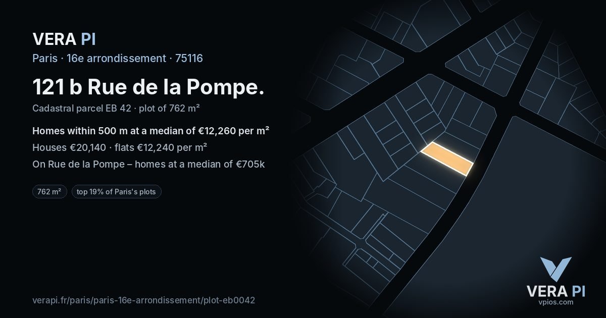 121 b Rue de la Pompe, 16e arrondissement at night – the plot lit, the parcels around coloured by the prices near them