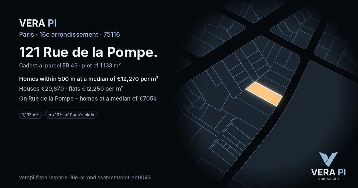 121 Rue de la Pompe, 16e arrondissement at night – the plot lit, the parcels around coloured by the prices near them