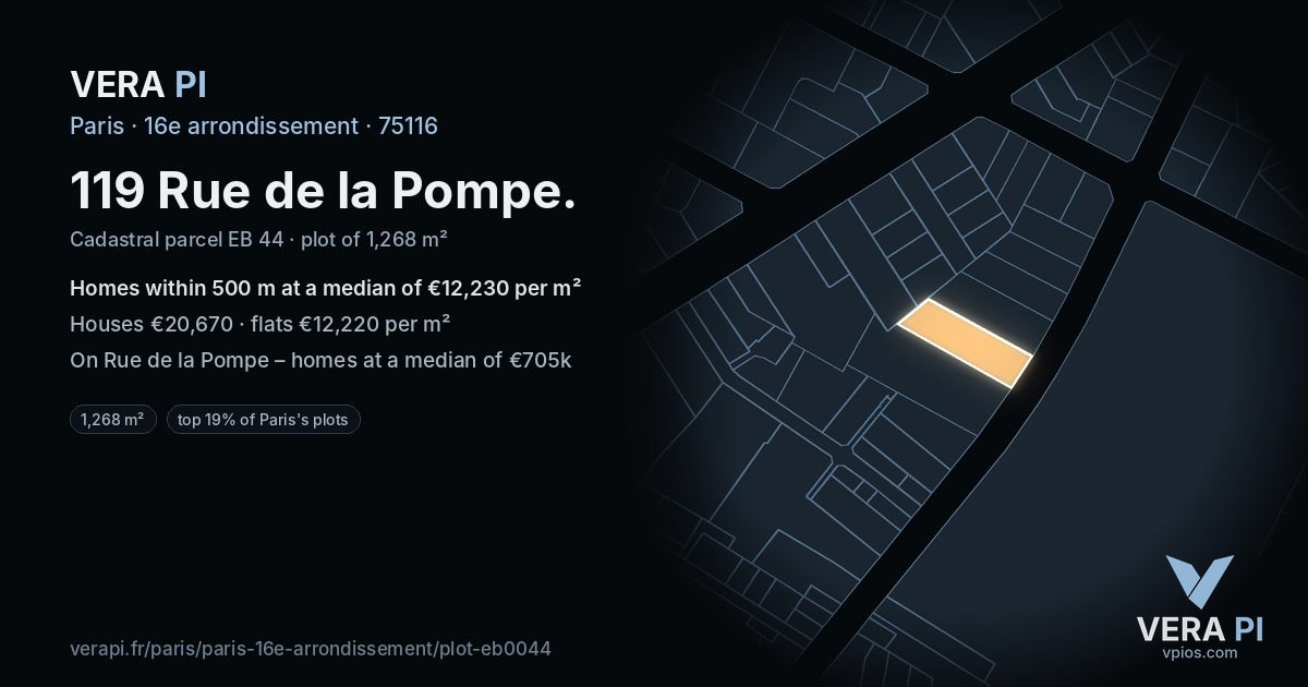 119 Rue de la Pompe, 16e arrondissement at night – the plot lit, the parcels around coloured by the prices near them