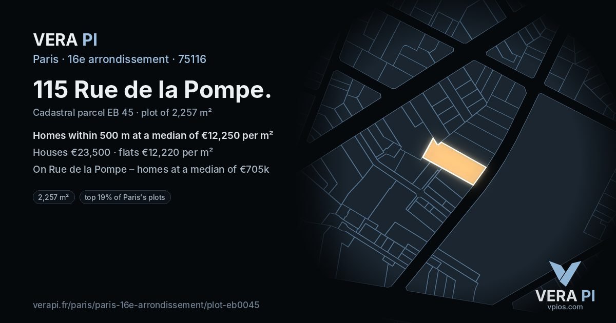 115 Rue de la Pompe, 16e arrondissement at night – the plot lit, the parcels around coloured by the prices near them