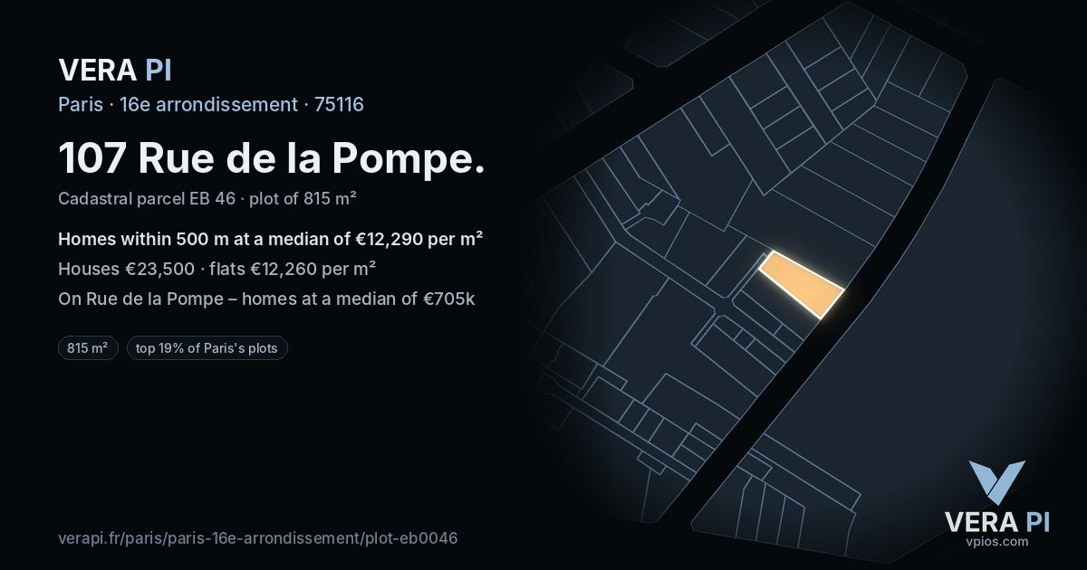 107 Rue de la Pompe, 16e arrondissement at night – the plot lit, the parcels around coloured by the prices near them