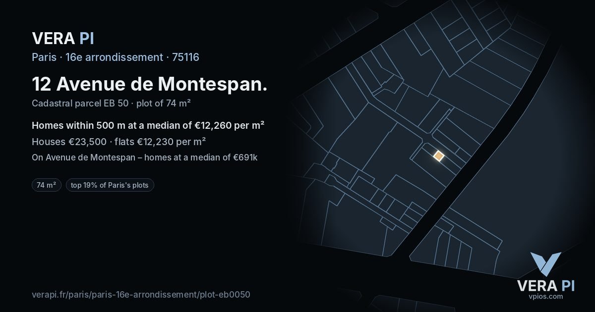 12 Avenue de Montespan, 16e arrondissement at night – the plot lit, the parcels around coloured by the prices near them