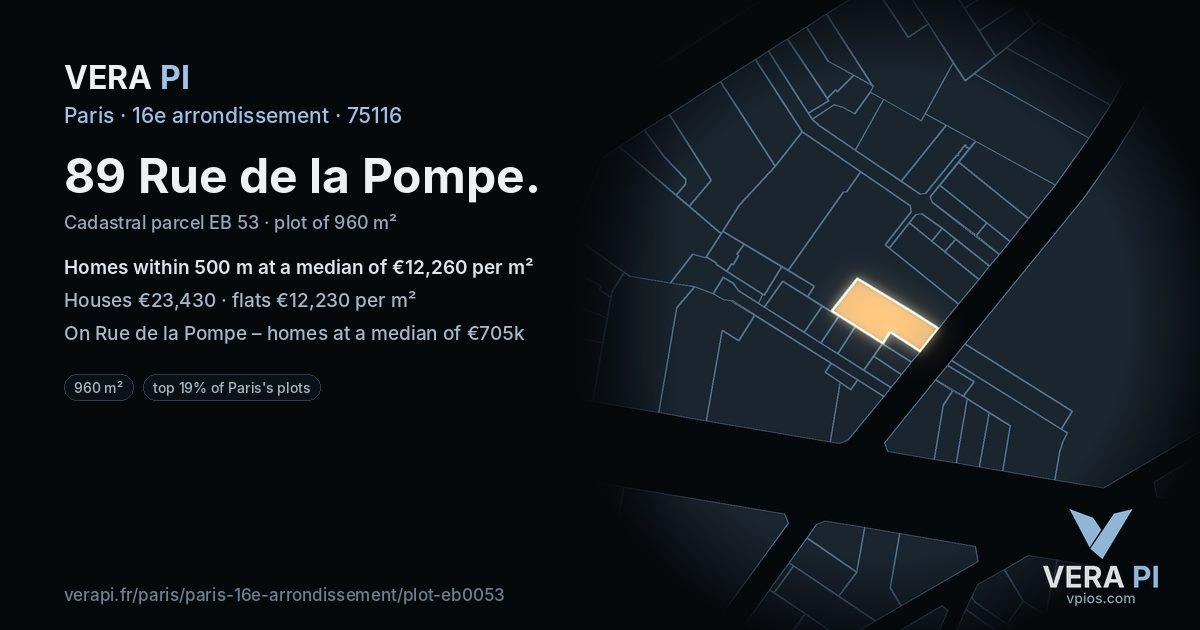 89 Rue de la Pompe, 16e arrondissement at night – the plot lit, the parcels around coloured by the prices near them