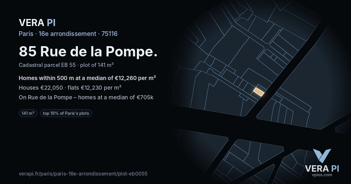 85 Rue de la Pompe, 16e arrondissement at night – the plot lit, the parcels around coloured by the prices near them