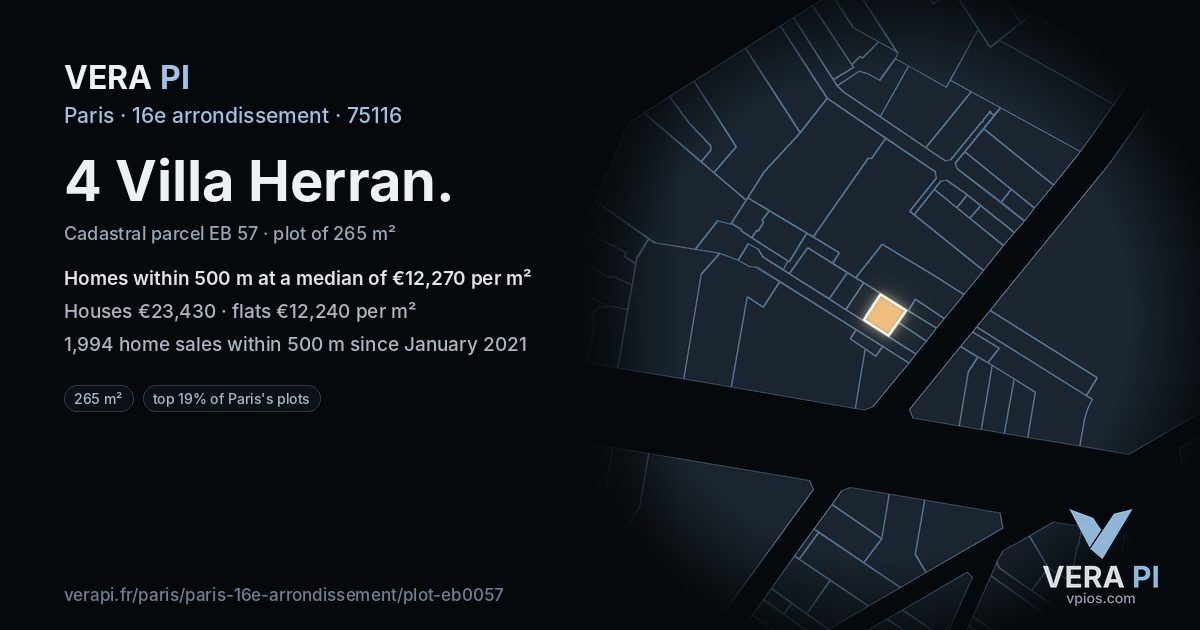 4 Villa Herran, 16e arrondissement at night – the plot lit, the parcels around coloured by the prices near them