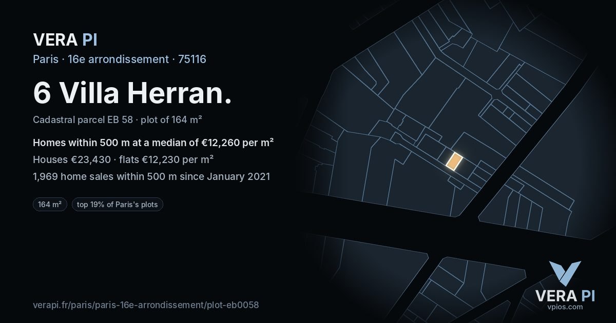 6 Villa Herran, 16e arrondissement at night – the plot lit, the parcels around coloured by the prices near them