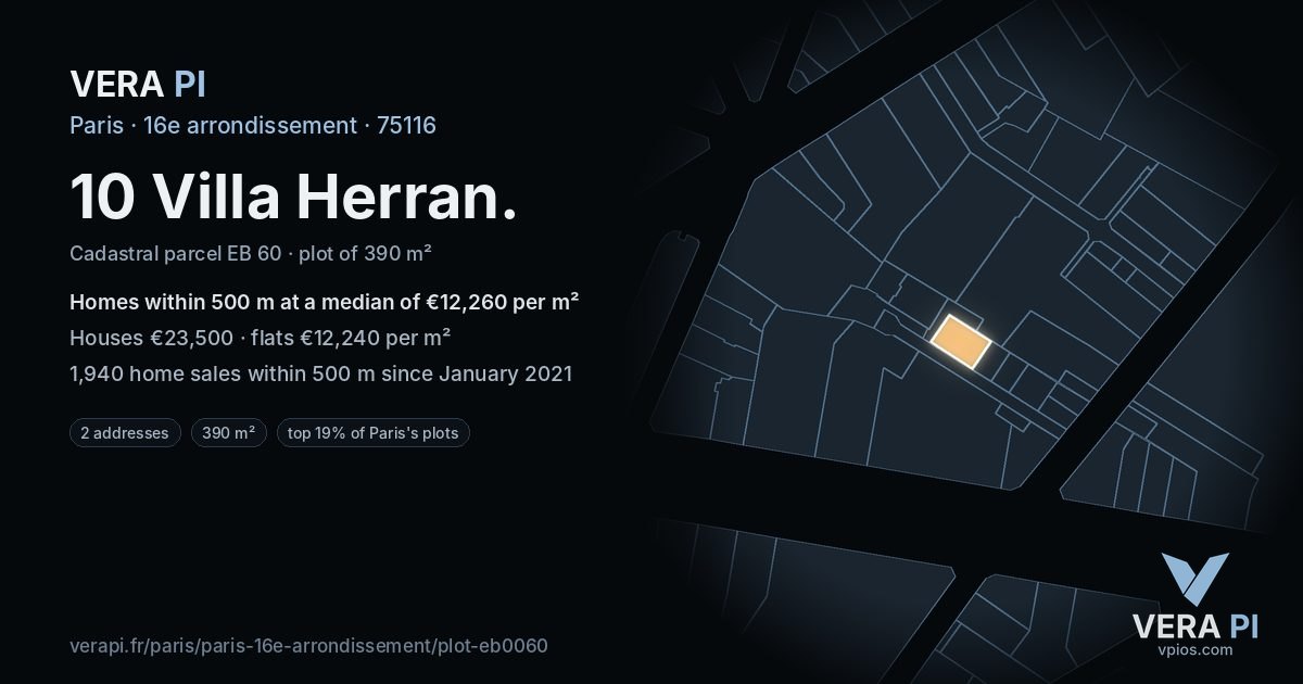 10 Villa Herran, 16e arrondissement at night – the plot lit, the parcels around coloured by the prices near them