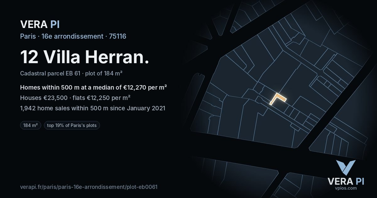 12 Villa Herran, 16e arrondissement at night – the plot lit, the parcels around coloured by the prices near them