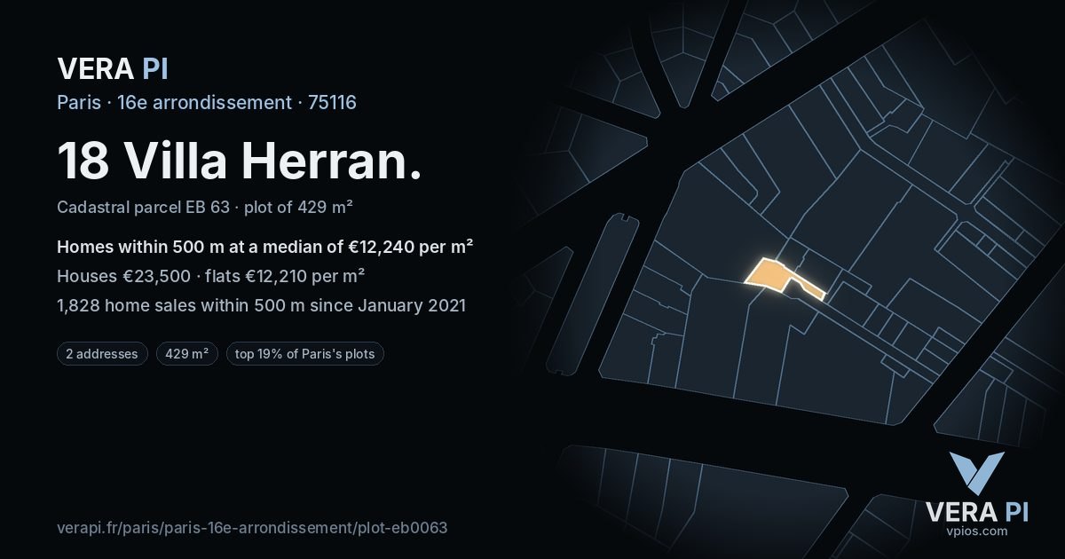 18 Villa Herran, 16e arrondissement at night – the plot lit, the parcels around coloured by the prices near them