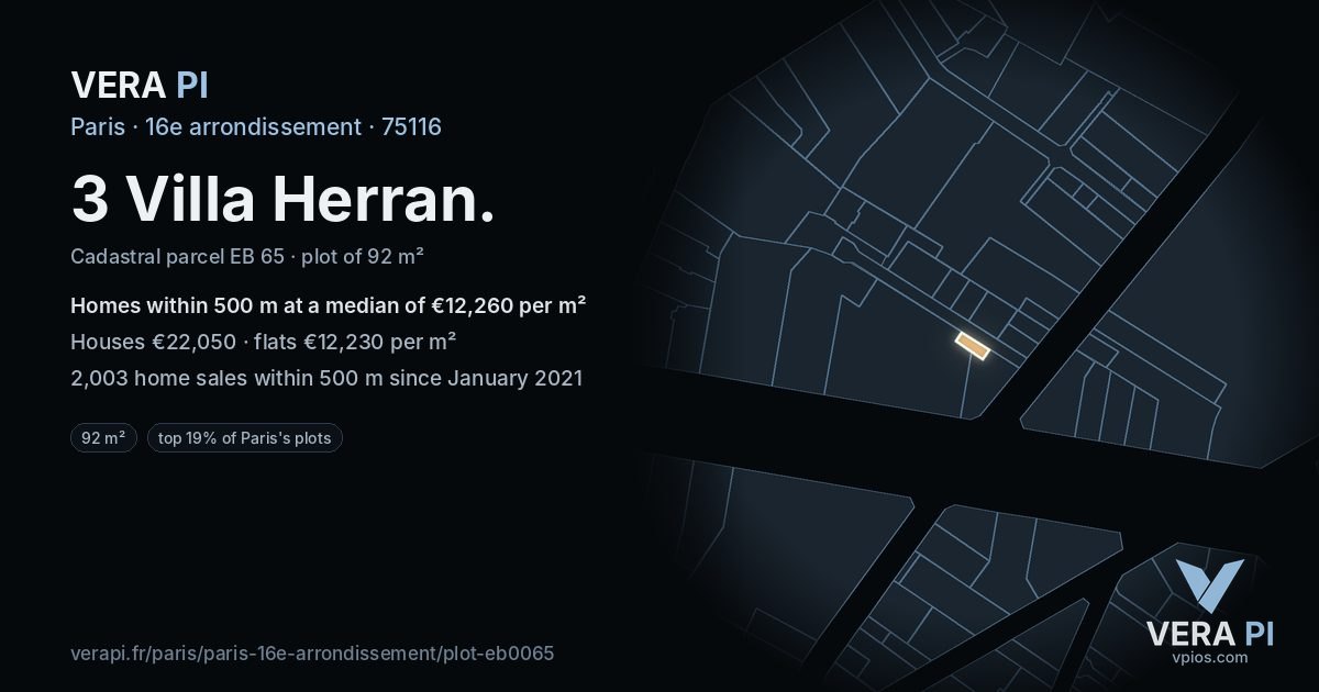 3 Villa Herran, 16e arrondissement at night – the plot lit, the parcels around coloured by the prices near them