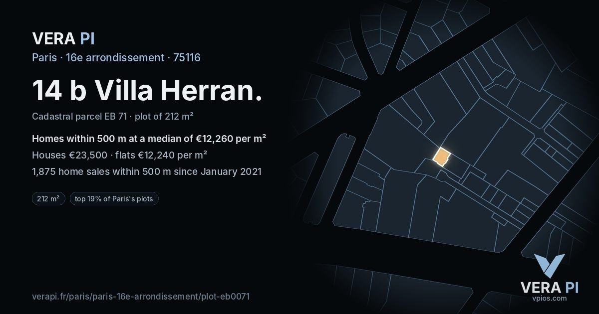 14 b Villa Herran, 16e arrondissement at night – the plot lit, the parcels around coloured by the prices near them