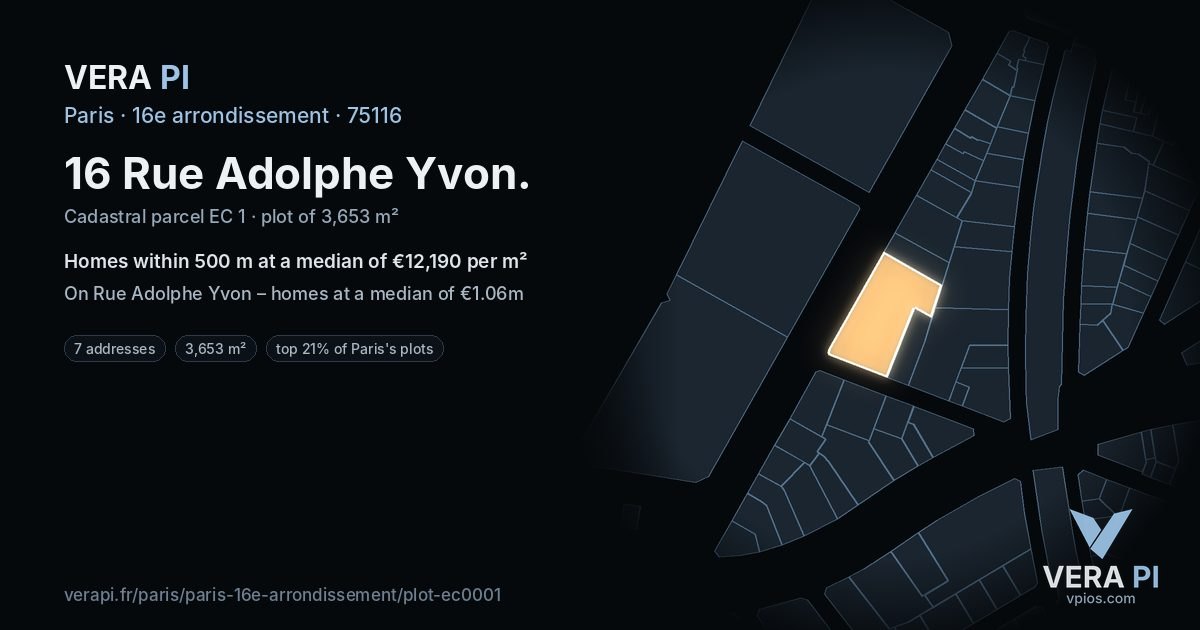 16 Rue Adolphe Yvon, 16e arrondissement at night – the plot lit, the parcels around coloured by the prices near them