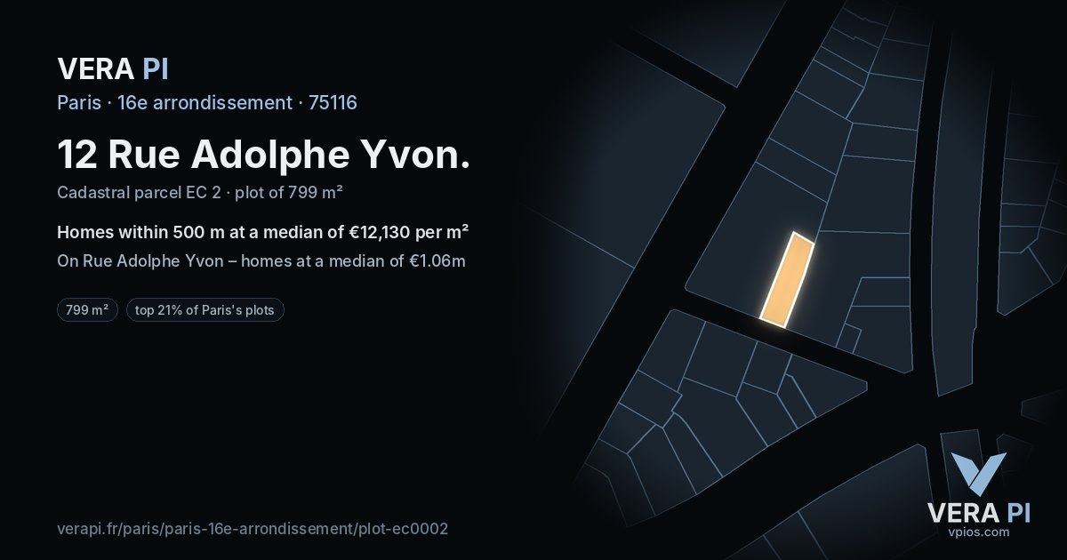 12 Rue Adolphe Yvon, 16e arrondissement at night – the plot lit, the parcels around coloured by the prices near them