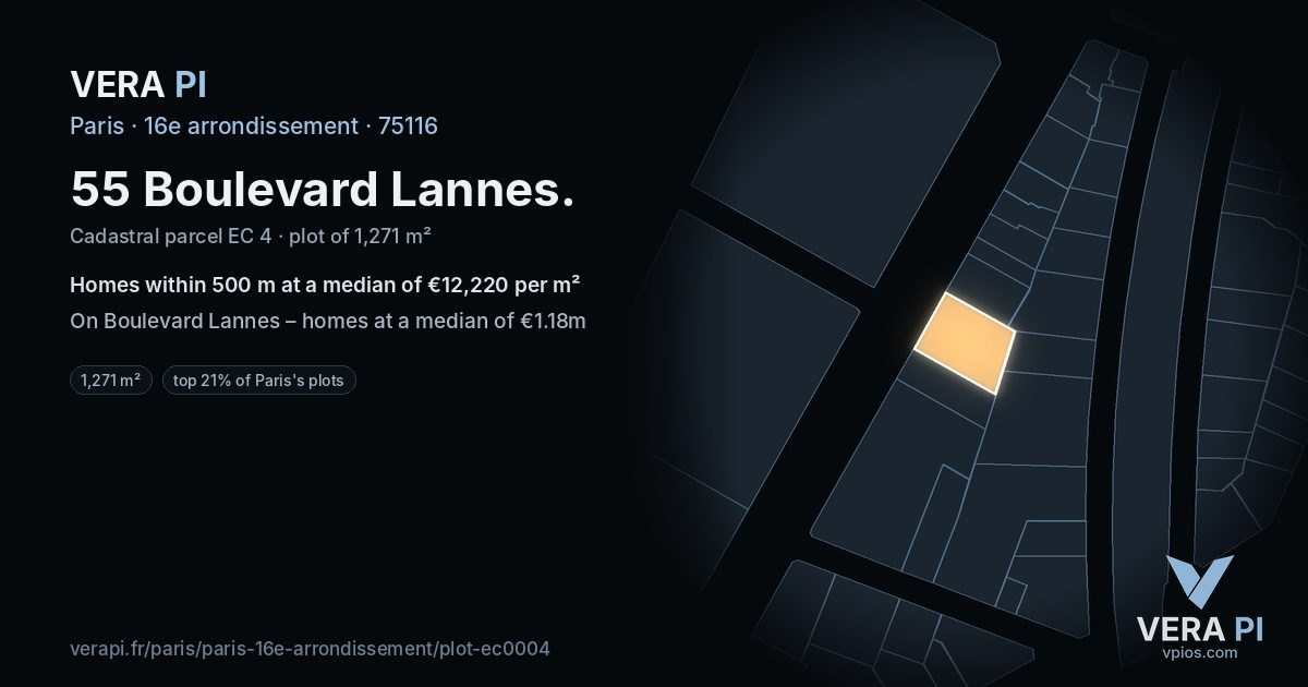 55 Boulevard Lannes, 16e arrondissement at night – the plot lit, the parcels around coloured by the prices near them