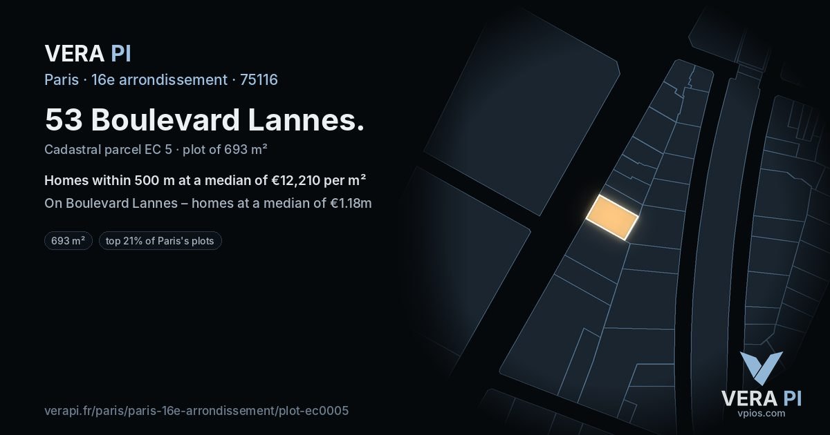 53 Boulevard Lannes, 16e arrondissement at night – the plot lit, the parcels around coloured by the prices near them