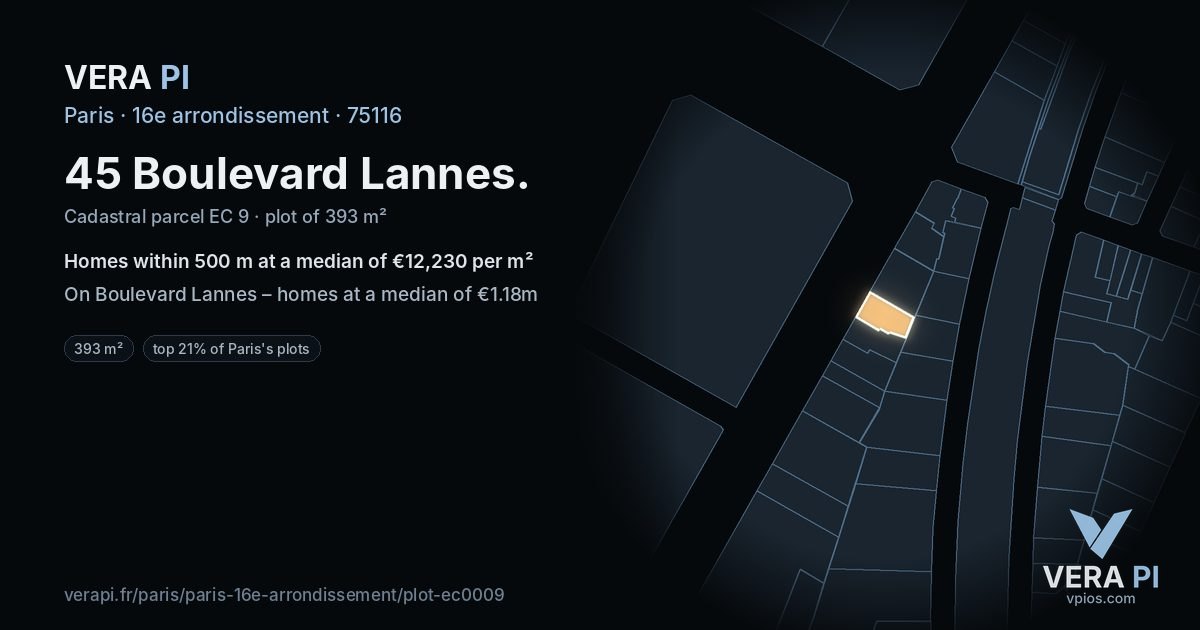 45 Boulevard Lannes, 16e arrondissement at night – the plot lit, the parcels around coloured by the prices near them