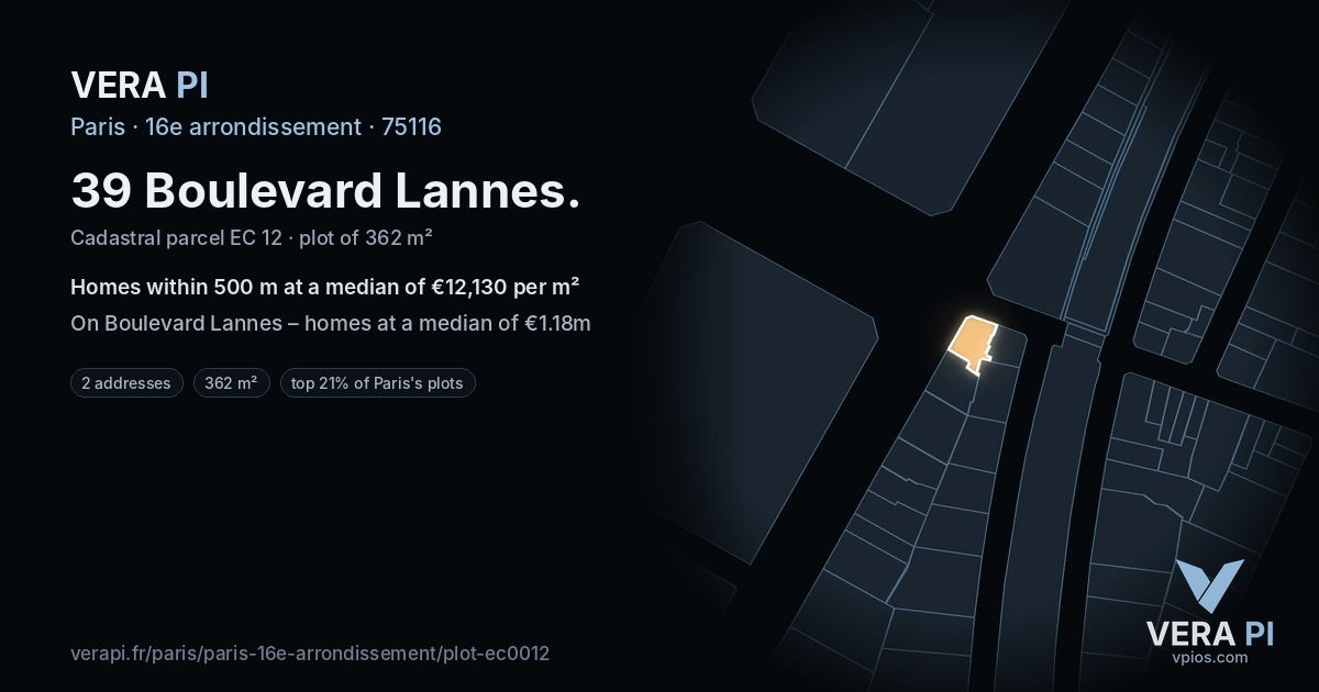39 Boulevard Lannes, 16e arrondissement at night – the plot lit, the parcels around coloured by the prices near them