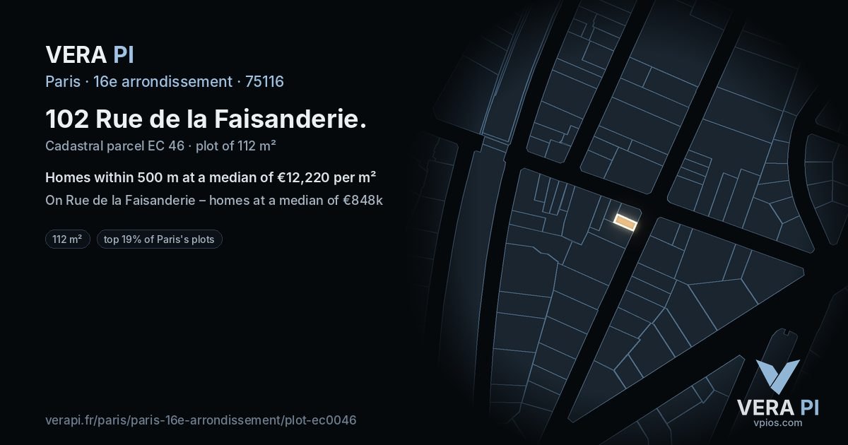 102 Rue de la Faisanderie, 16e arrondissement at night – the plot lit, the parcels around coloured by the prices near them