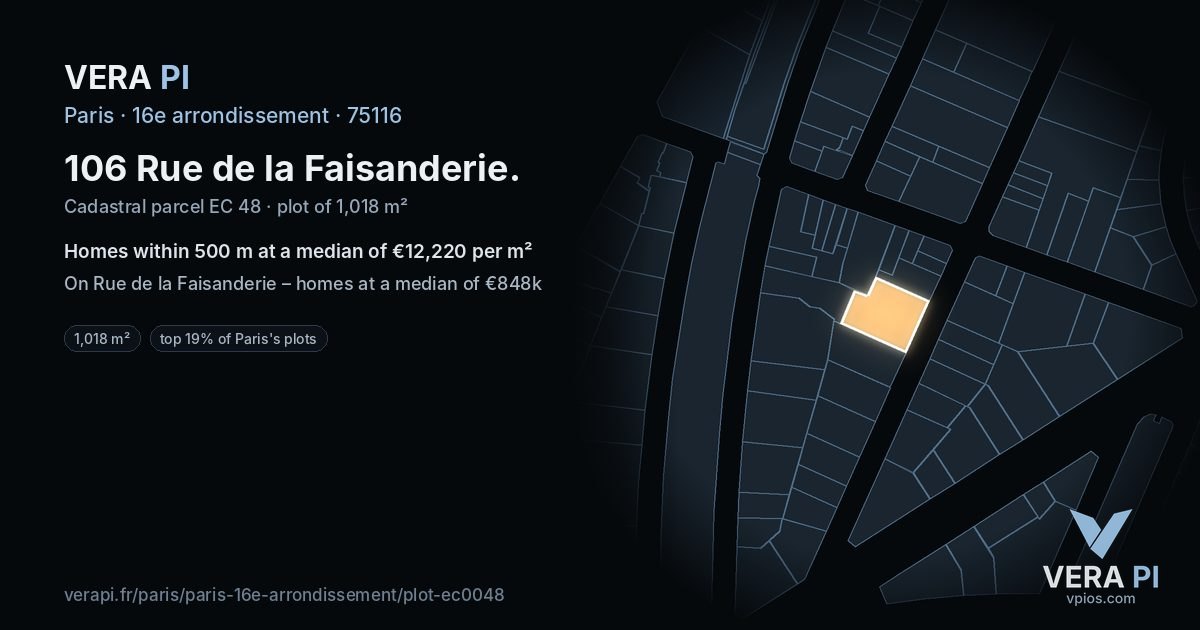 106 Rue de la Faisanderie, 16e arrondissement at night – the plot lit, the parcels around coloured by the prices near them