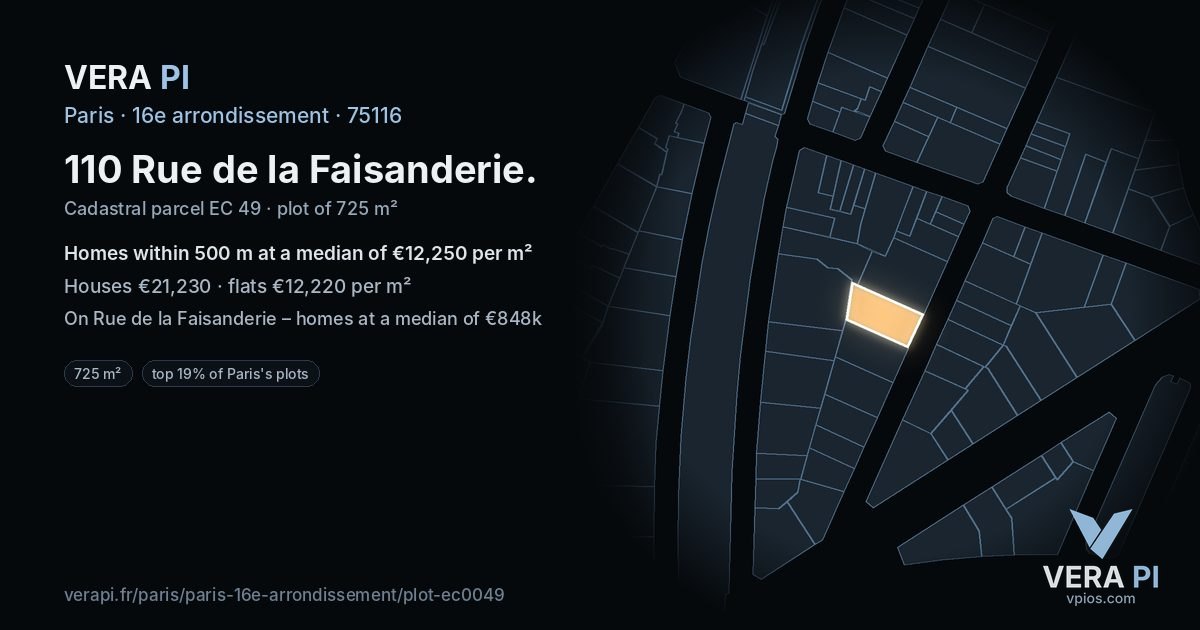 110 Rue de la Faisanderie, 16e arrondissement at night – the plot lit, the parcels around coloured by the prices near them