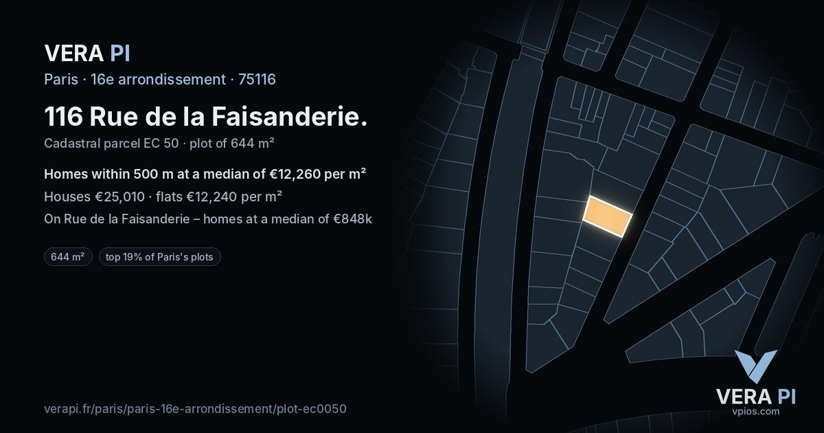 116 Rue de la Faisanderie, 16e arrondissement at night – the plot lit, the parcels around coloured by the prices near them