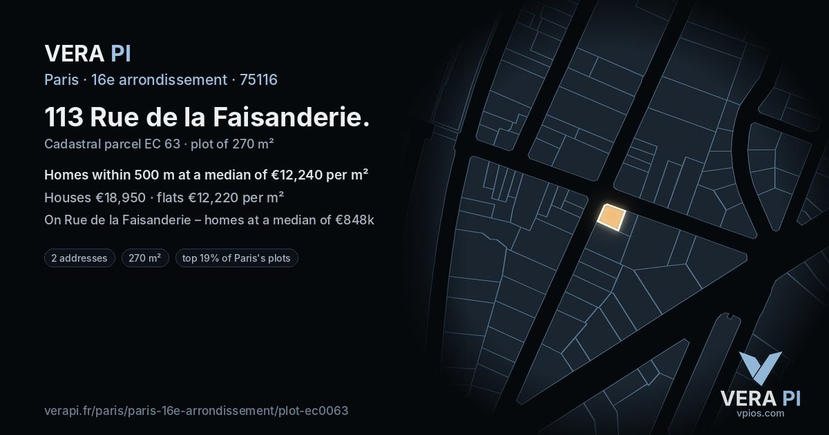 113 Rue de la Faisanderie, 16e arrondissement at night – the plot lit, the parcels around coloured by the prices near them