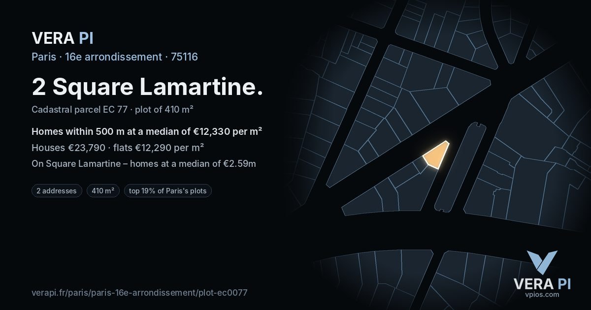 2 Square Lamartine, 16e arrondissement at night – the plot lit, the parcels around coloured by the prices near them