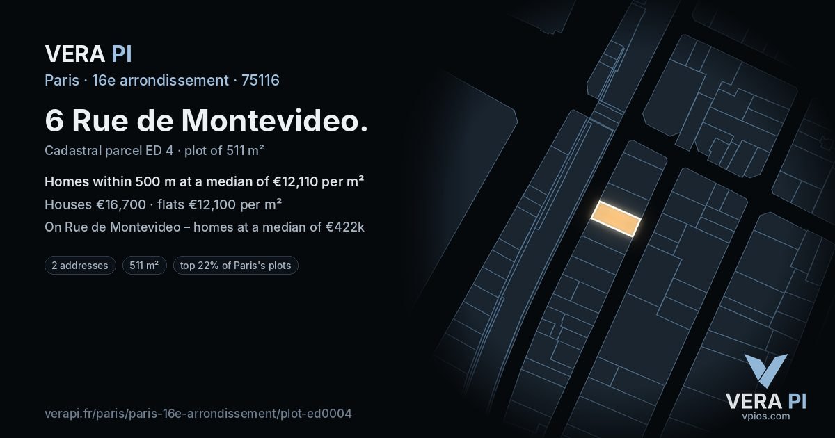 6 Rue de Montevideo, 16e arrondissement at night – the plot lit, the parcels around coloured by the prices near them