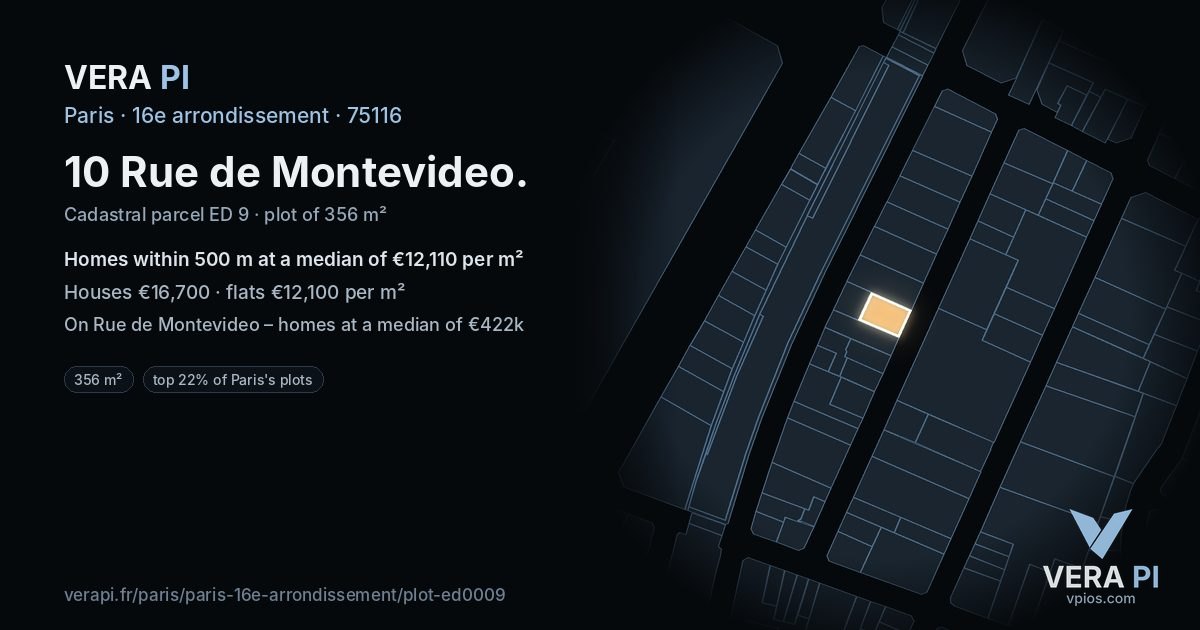 10 Rue de Montevideo, 16e arrondissement at night – the plot lit, the parcels around coloured by the prices near them