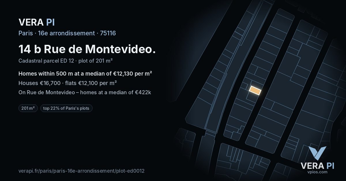 14 b Rue de Montevideo, 16e arrondissement at night – the plot lit, the parcels around coloured by the prices near them